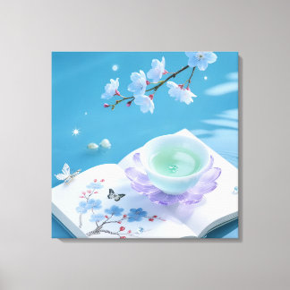 Serene Blauwe Kersenbloesem Boek & Theekop Droomac Canvas Afdruk