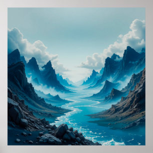 Serene Blauwe Rivier Stromend Tussen Dramatische B Poster