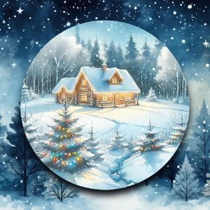 Serene blokhut in een winterbos ronde sticker