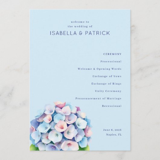 Serene Blue Floral Wedding Ceremony Programma (Voorkant)