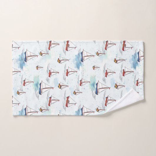 Serene Blue Red Sailing Boats op Zee Pattern Bad Handdoek (Handdoek)