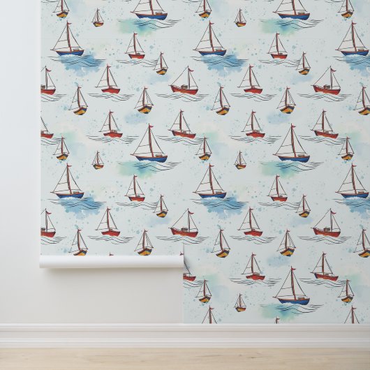 Serene Blue Red Sailing Boats op Zee Pattern Behang (Applicatie)