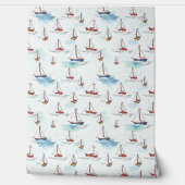 Serene Blue Red Sailing Boats op Zee Pattern Behang (Afrollen)