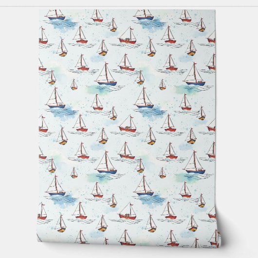 Serene Blue Red Sailing Boats op Zee Pattern Behang (Afrollen)