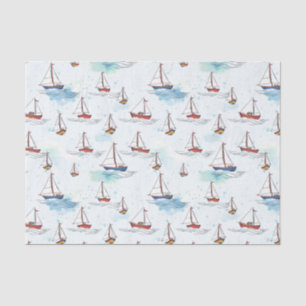 Serene Blue Red Sailing Boats op Zee Pattern Tissuepapier