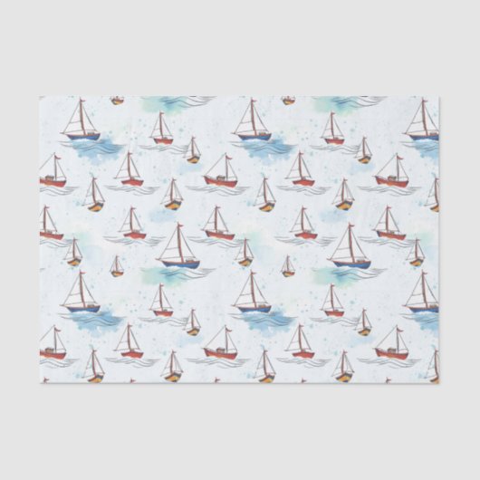 Serene Blue Red Sailing Boats op Zee Pattern Tissuepapier (Voorkant)
