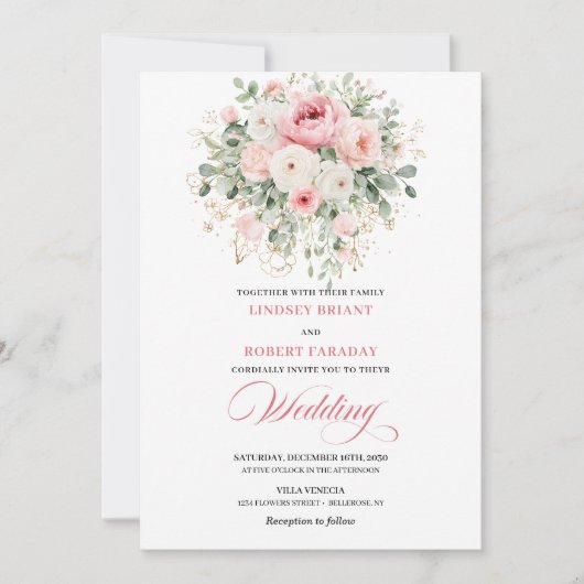 Serene Blush Roses Greenery Wedding Invitation Kaart (Voorkant)