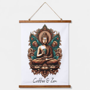 Serene Boeddha, Koffie & Zen Beeldhouwwerk Hangend Wandkleed