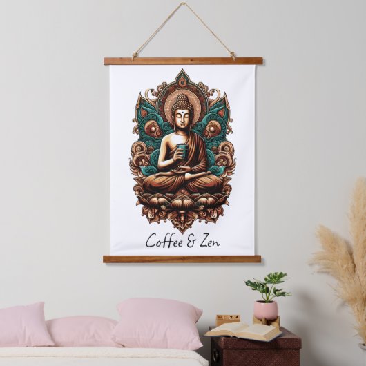 Serene Boeddha, Koffie & Zen Beeldhouwwerk Hangend Wandkleed (Slaapkamer)