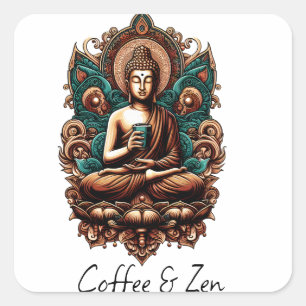 Serene Boeddha, Koffie & Zen Beeldhouwwerk Vierkante Sticker