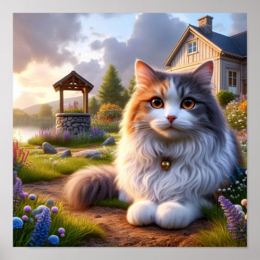 Serene Calico Cat in een rustig landschap Poster (Voorkant)