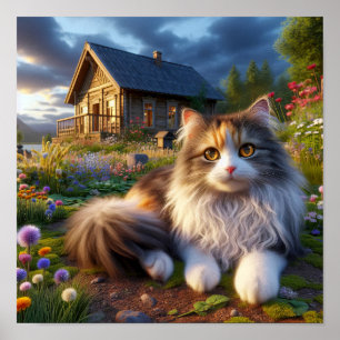 Serene Calico Cat in een rustig landschap Poster