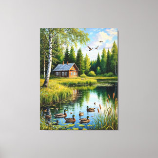 Serene Cottage bij een Forest Pond met Eenden Canvas Afdruk
