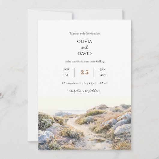 Serene Dawn Kustpad Waterverf Strand Bruiloft Kaart (Voorkant)
