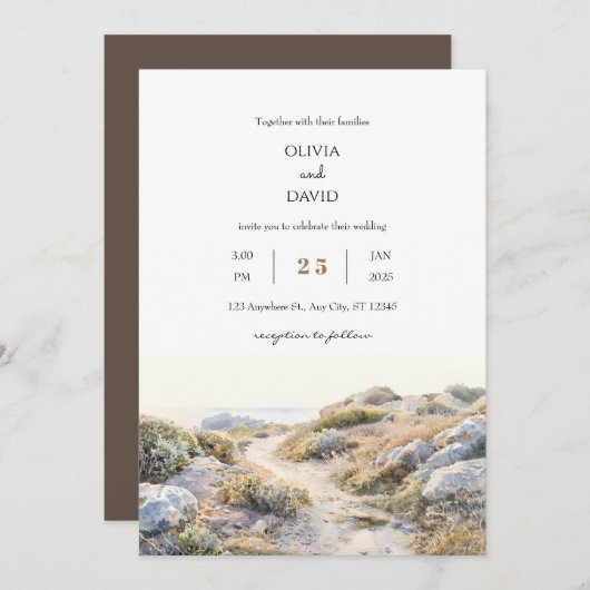 Serene Dawn Kustpad Waterverf Strand Bruiloft Kaart (Voorkant / Achterkant)