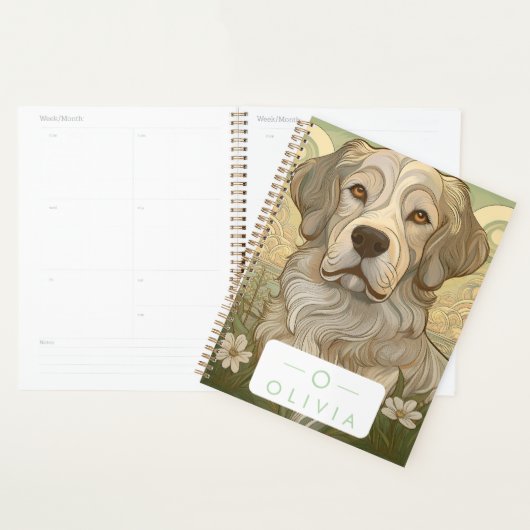 Serene Dog Planner avec nom et monogramme (Devant avec enveloppe)