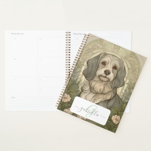 Serene Dog Planner avec nom et monogramme (Devant avec enveloppe)