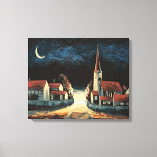 Serene dorp onder halve maan canvas