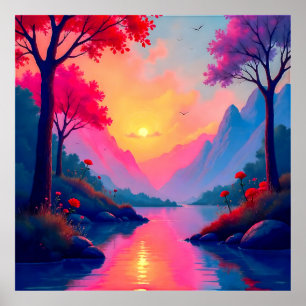 Serene Fantasie Zonsondergang Rivier Berg Landscha Poster