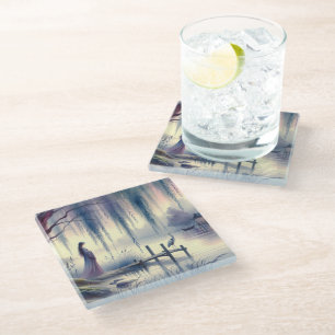 Serene Fantasy Lake met Willow en Heron Glazen Onderzetter