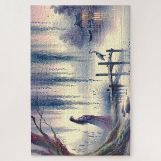 Serene Fantasy Lake met Willow en Heron Legpuzzel (Verticaal)