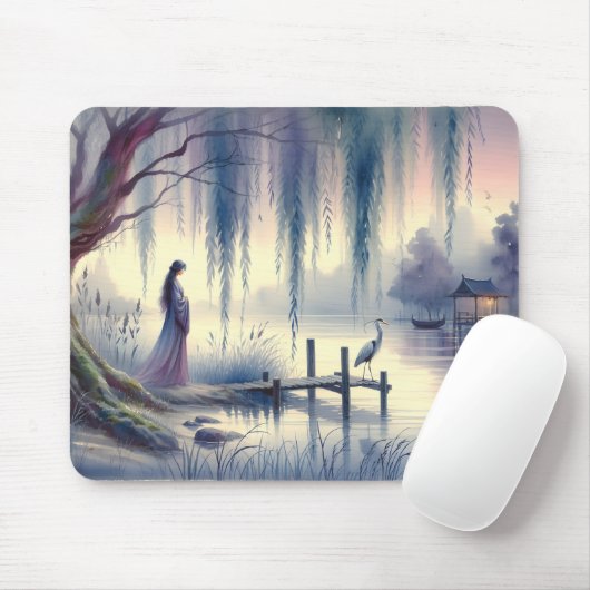 Serene Fantasy Lake met Willow en Heron Muismat (Met muis)