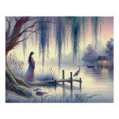 Serene Fantasy Lake met Willow en Heron Perfect Poster (Voorkant)
