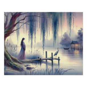 Serene Fantasy Lake met Willow en Heron Perfect Poster