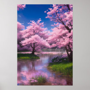 Serene Flow amidst Cherry Blossom Poster