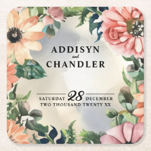 Serene Garden Krans: Pastel Floral Elegance Vierkante Kartonnen Onderzetter