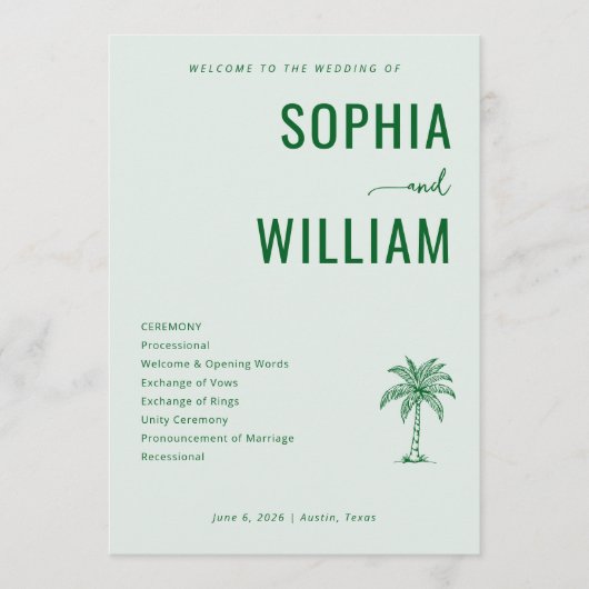 Serene Green Palm Tree Wedding Ceremony Programma (Voorkant)