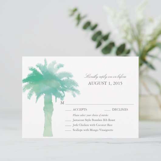 Serene Green Watercolor Palm Tree Wedding RSVP (Debout devant)