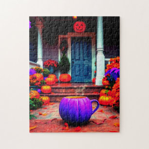Serene herfstscène met Paarse pompoenkoffie Legpuzzel