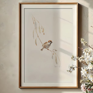 Serene House Sparrow Waterverf Art Poster