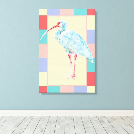 Serene Ibis Bird Coastal Pastel Geruit ontwerp Canvas Afdruk (Insitu (Houten vloer))