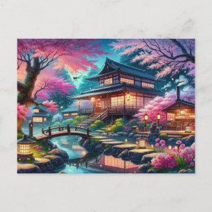 Serene Japanse Tuin bij Twilight Painting Briefkaart