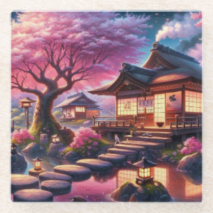 Serene Japanse Tuin bij Twilight Painting Glazen Onderzetter