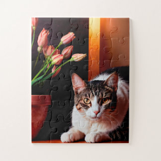 Serene kat en tulpen puzzel legpuzzel