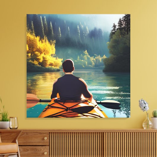 Serene Kayaking Scene | Man in Kajak in Bergen Canvas Afdruk (Insitu (Woonkamer))