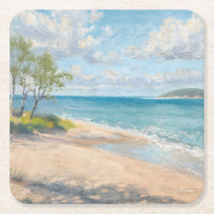 Serene Kust Ochtend Impressionistische Strand Kuns Vierkante Kartonnen Onderzetter
