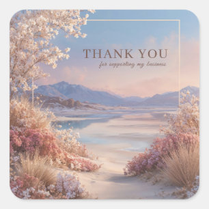 Serene Kustbloesem Roze Gouden Frame Landschap Vierkante Sticker