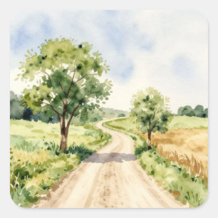 Serene Landschapsreis: Een Slingerend Onverhard Pa Vierkante Sticker