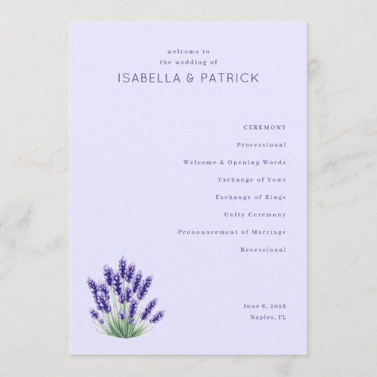 Serene Lavendel Bloemen Bruiloftsprogramma Programma (Voorkant)