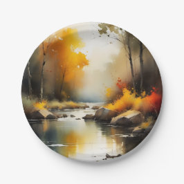 Serene levendige Autumn River landschap schilderij Papieren Bordje