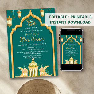 Serene Lichtblauwe Gouden Geometrische Iftar-diner Kaart