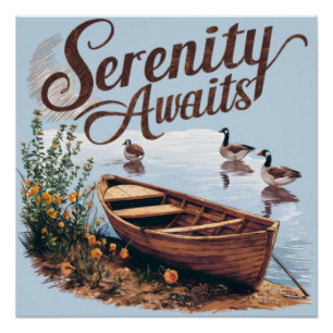Serene meerboot met ganzen en wilde bloemen perfect poster