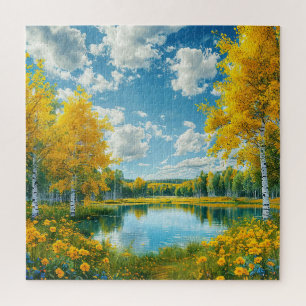 Serene meertjeslandschap met gele herfstboom legpuzzel