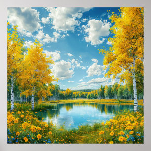 Serene Meest Landschappelijk Meer met Gele Herfstb Poster