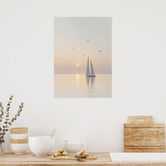 Serene minimalistische zeilboot Calm Waters Sunris Poster (Keuken)