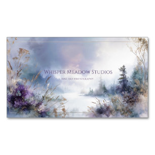 Serene Misty Lake Paarse Bloemen Gouden Glans Magnetisch Visitekaartje